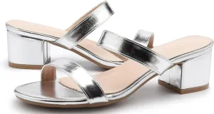 kkdom Round Toe Chunky Heels Sandals-Clear Nude Black Short Heels Two Strap Leather Mule Sandals Slip On Block Heels for Party Dating Daily Work