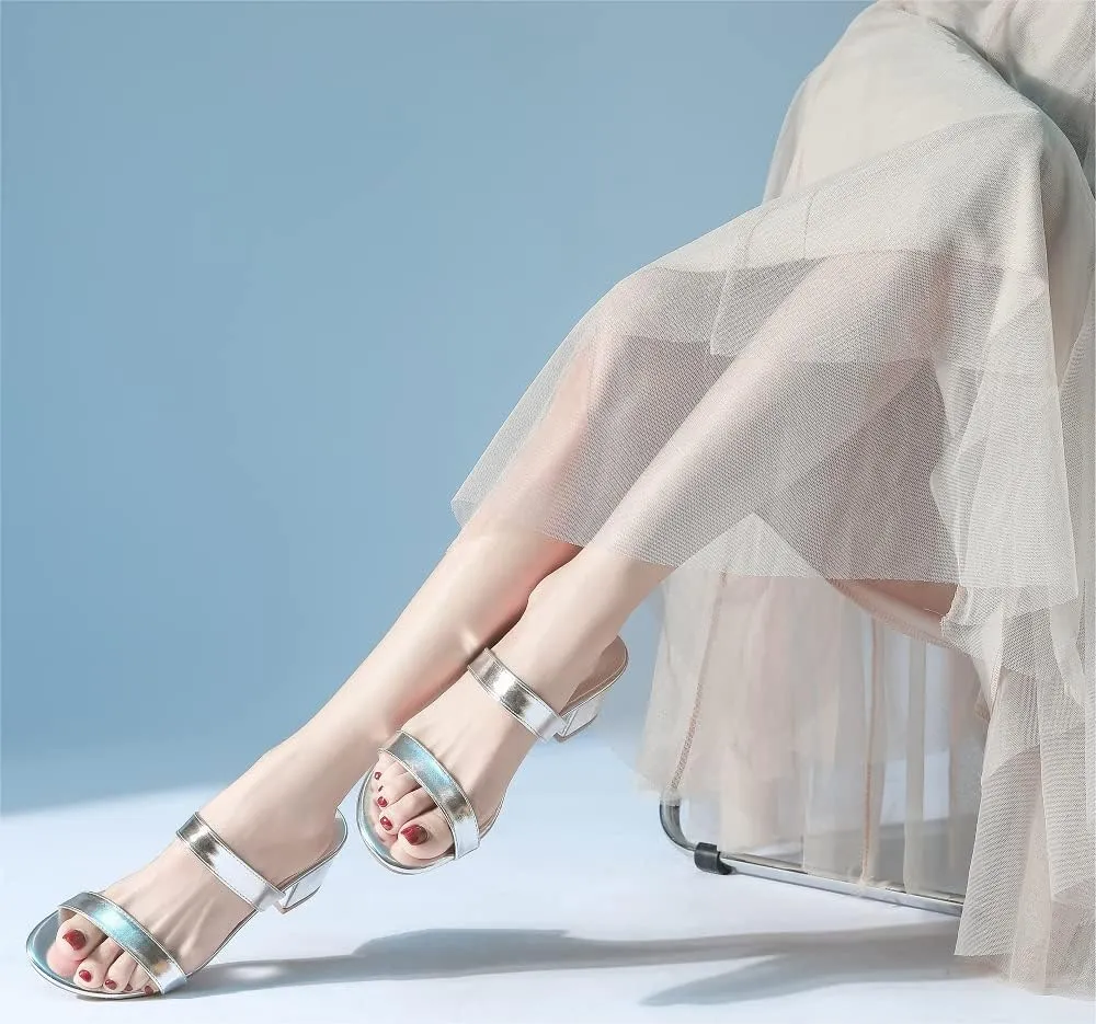 kkdom Round Toe Chunky Heels Sandals-Clear Nude Black Short Heels Two Strap Leather Mule Sandals Slip On Block Heels for Party Dating Daily Work