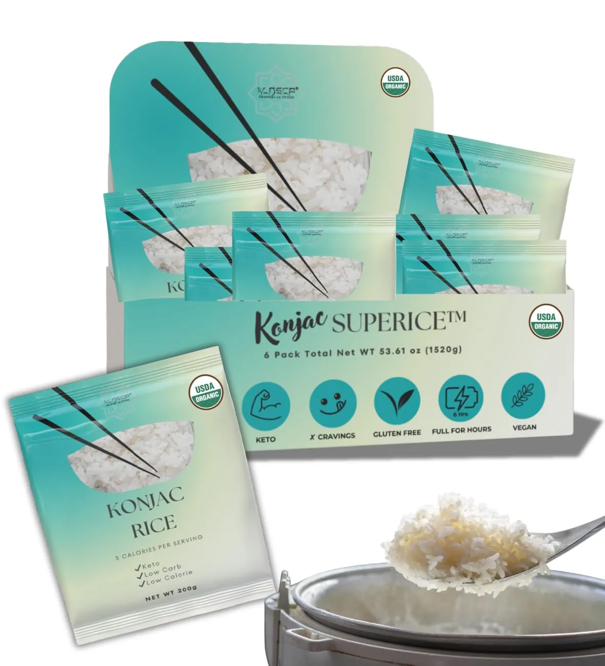 KLDSCP Shirataki Konjac Rice 6 large Pack Inside, Vegan, Gluten Free, Fat-Free, Keto Friendly, Low Carbs, Vegan, 8.8 oz (250g)*6 Pack