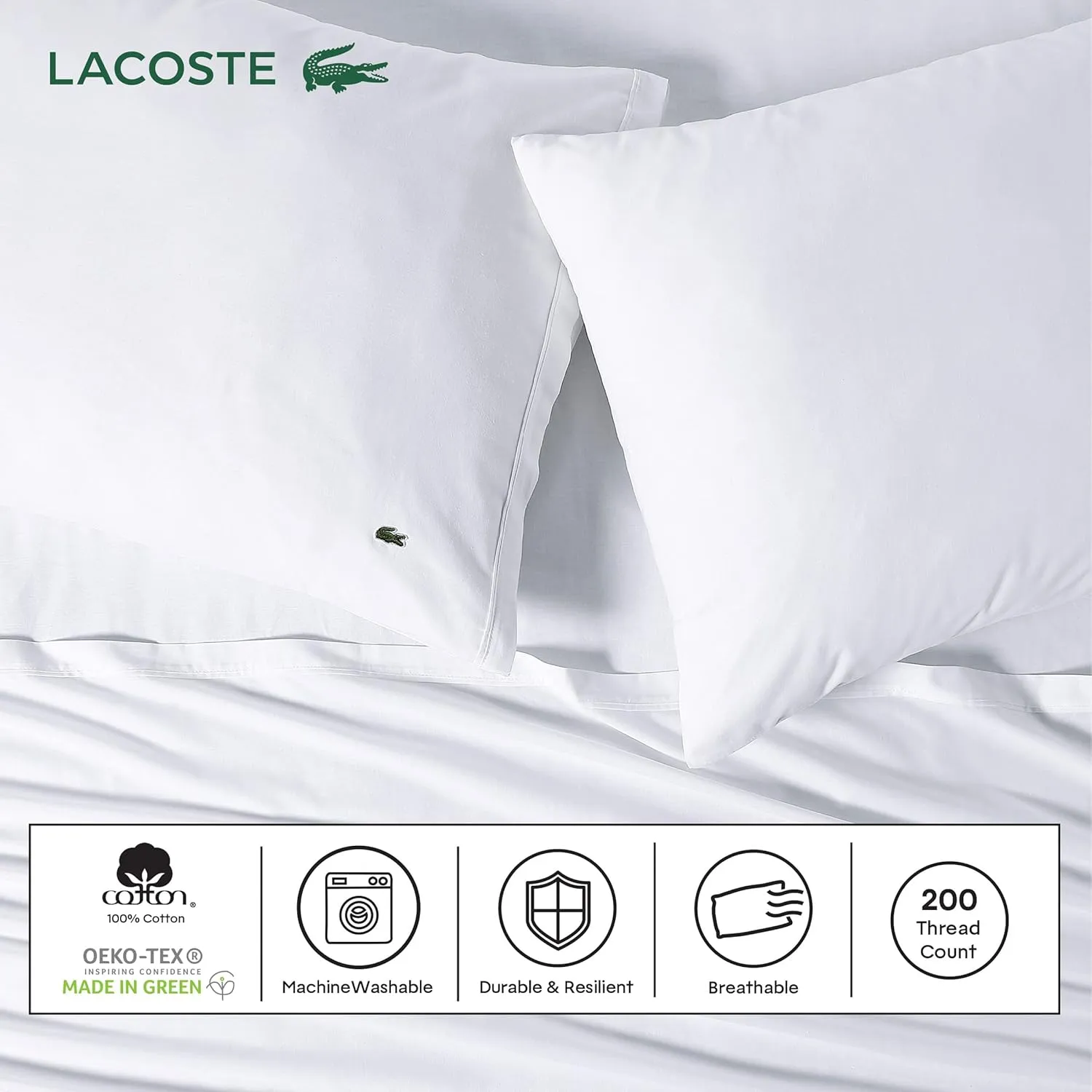 Lacoste 100% Cotton Percale Solid Sheet Set, Breathable, Cooling & Hotel Quality Sheets - Deep Pocket, Easy-Fit, Oeko-Tex Certified, White, Full