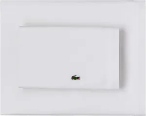 Lacoste 100% Cotton Percale Solid Sheet Set, Breathable, Cooling & Hotel Quality Sheets - Deep Pocket, Easy-Fit, Oeko-Tex Certified, White, Full
