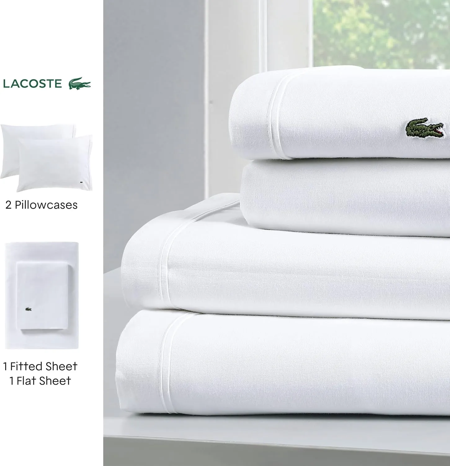Lacoste 100% Cotton Percale Solid Sheet Set, Breathable, Cooling & Hotel Quality Sheets - Deep Pocket, Easy-Fit, Oeko-Tex Certified, White, Full