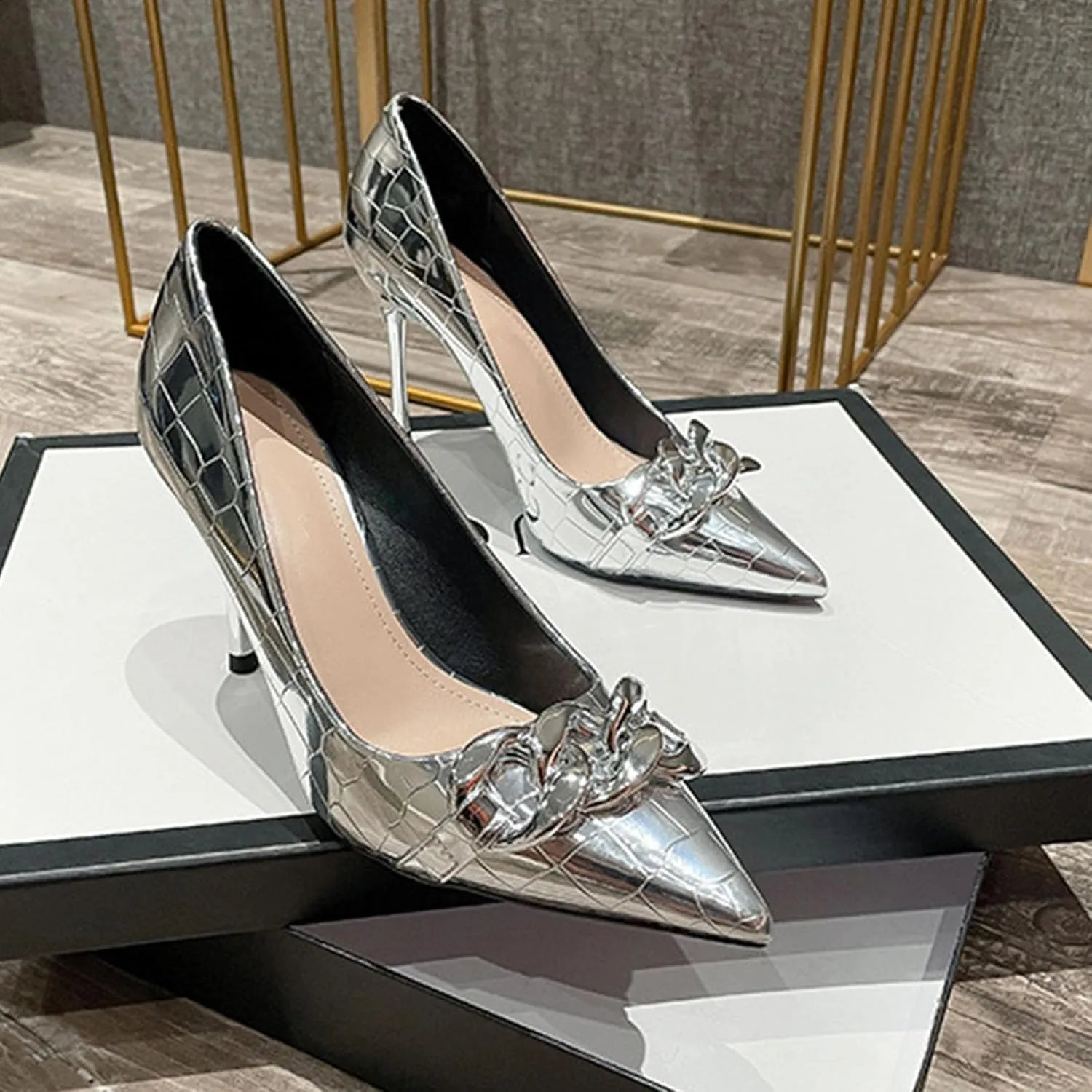 Lacquer Leather Mirror High Heels Women's Slim Heels Spring New French Pointed Shallow Mouth Single Shoes