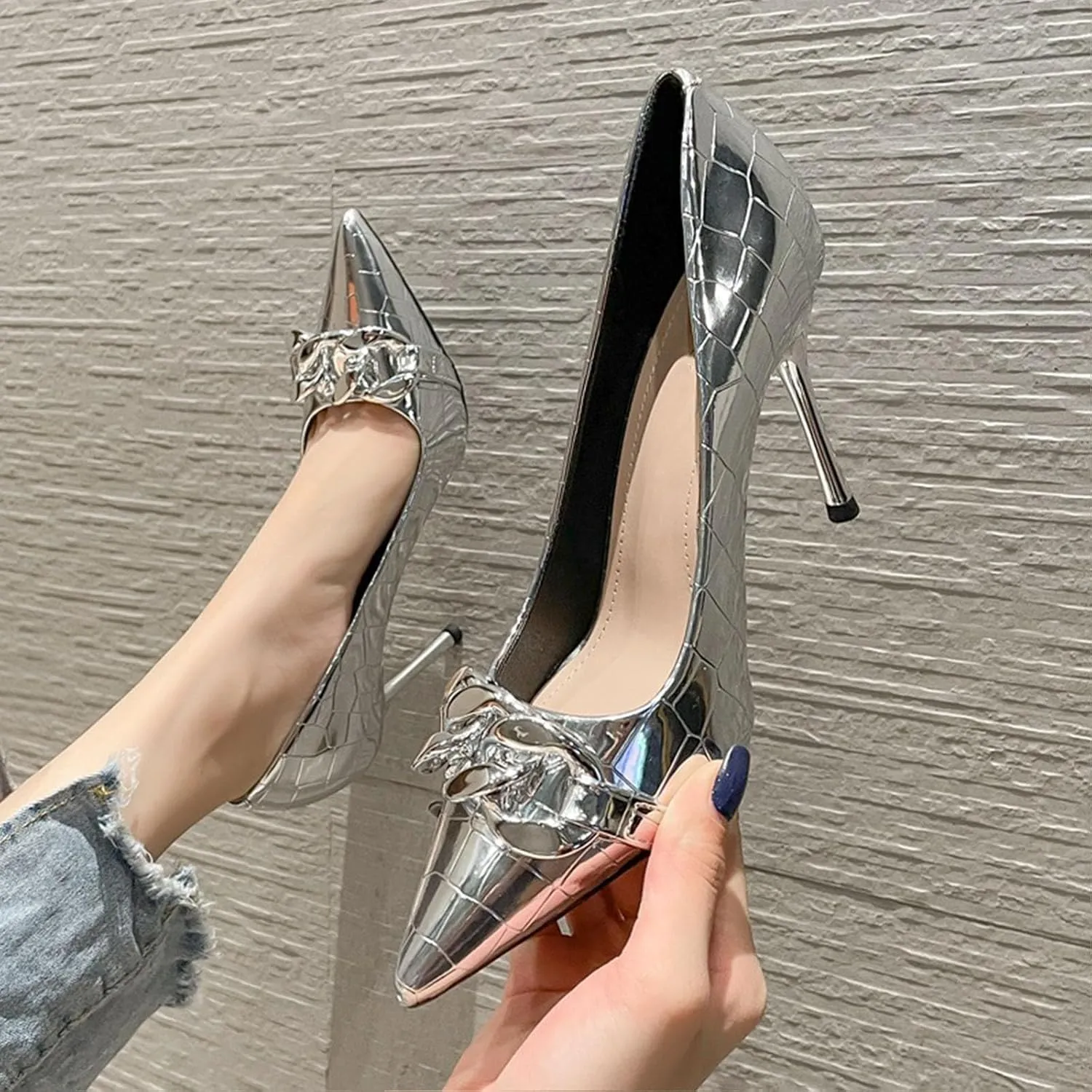 Lacquer Leather Mirror High Heels Women's Slim Heels Spring New French Pointed Shallow Mouth Single Shoes