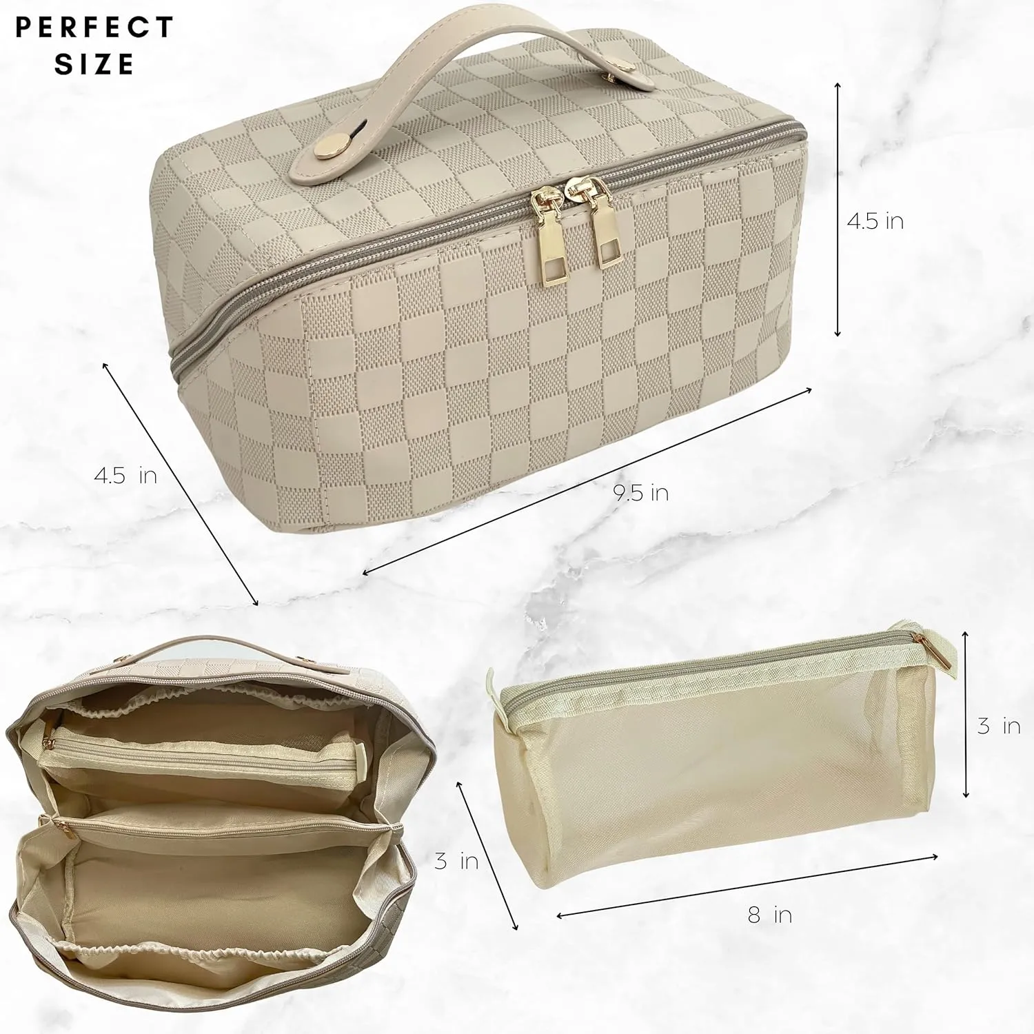Large Capacity Travel Cosmetic Bag - Makeup Bag Opens Flat for Easy Access - Leather Waterproof Portable Cosmetics Bag with Handle, Divider - Toiletry Make up Organizer Bag.