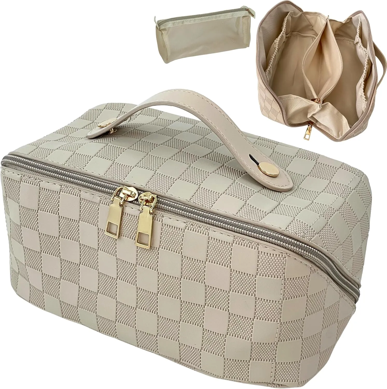 Large Capacity Travel Cosmetic Bag - Makeup Bag Opens Flat for Easy Access - Leather Waterproof Portable Cosmetics Bag with Handle, Divider - Toiletry Make up Organizer Bag.