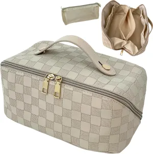 Large Capacity Travel Cosmetic Bag - Makeup Bag Opens Flat for Easy Access - Leather Waterproof Portable Cosmetics Bag with Handle, Divider - Toiletry Make up Organizer Bag.