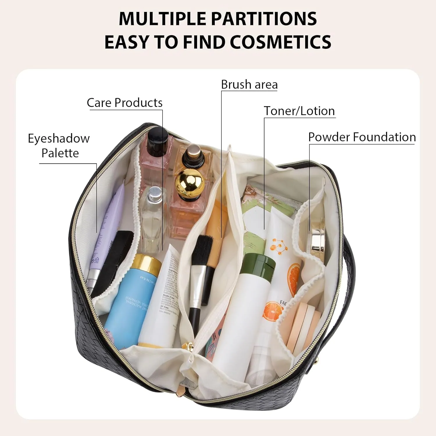 Large Capacity Travel Makeup Bag for Women, Waterproof Portable Cosmetic Bag with Compartments, Foldable Flat Lay Design for Easy Access, Perfect for Toiletries & Beauty Essentials (Black)