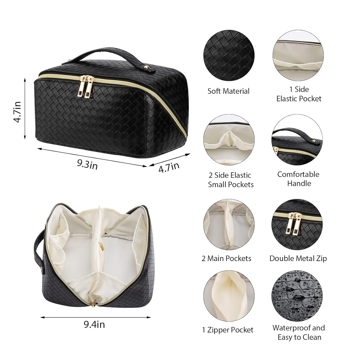 Large Capacity Travel Makeup Bag for Women, Waterproof Portable Cosmetic Bag with Compartments, Foldable Flat Lay Design for Easy Access, Perfect for Toiletries & Beauty Essentials (Black)