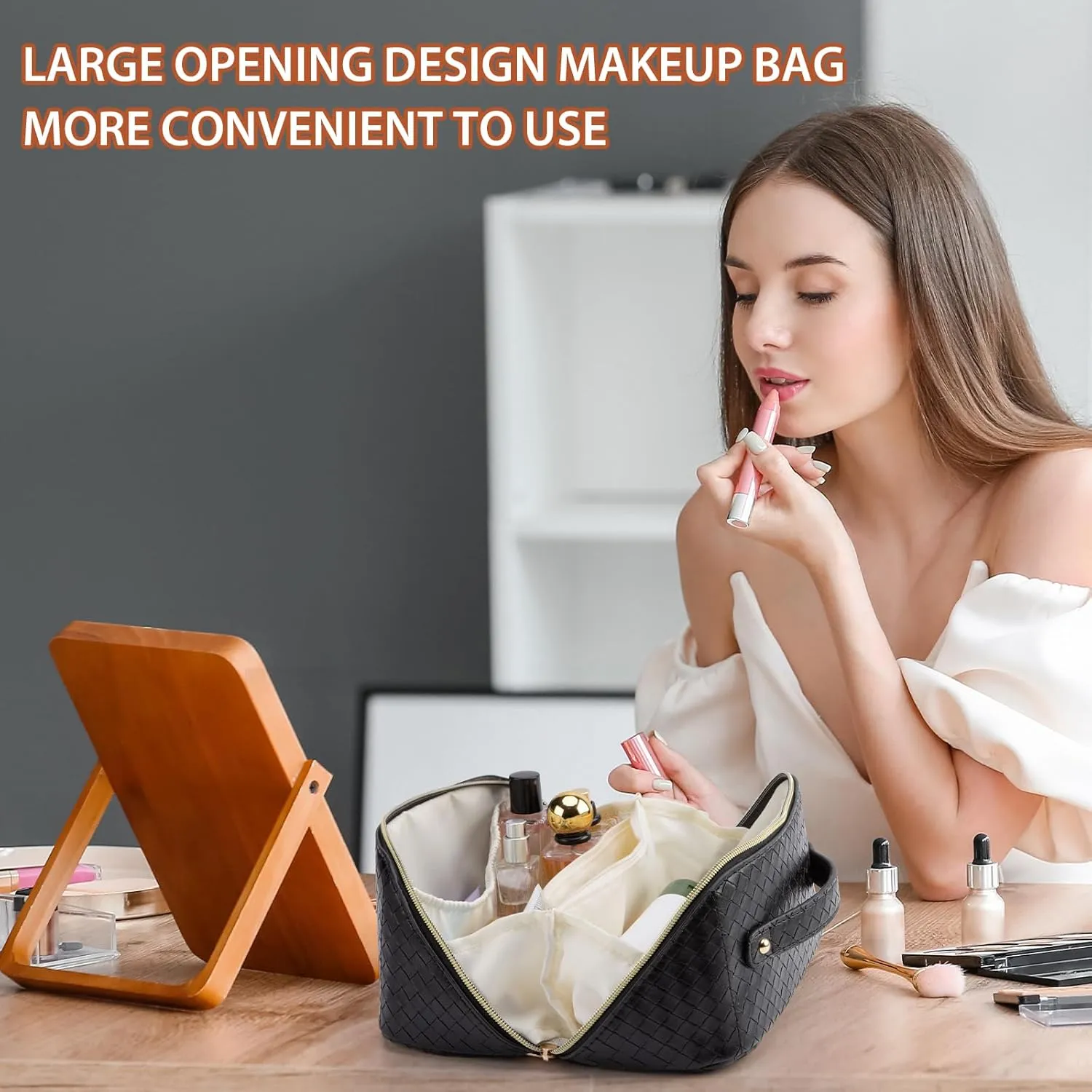 Large Capacity Travel Makeup Bag for Women, Waterproof Portable Cosmetic Bag with Compartments, Foldable Flat Lay Design for Easy Access, Perfect for Toiletries & Beauty Essentials (Black)