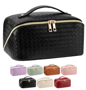Large Capacity Travel Makeup Bag for Women, Waterproof Portable Cosmetic Bag with Compartments, Foldable Flat Lay Design for Easy Access, Perfect for Toiletries & Beauty Essentials (Black)