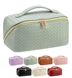 Large Capacity Travel Makeup Bag for Women, Waterproof Portable Cosmetic Bag with Compartments, Foldable Flat Lay Design for Easy Access, Perfect for Toiletries & Beauty Essentials (Green)