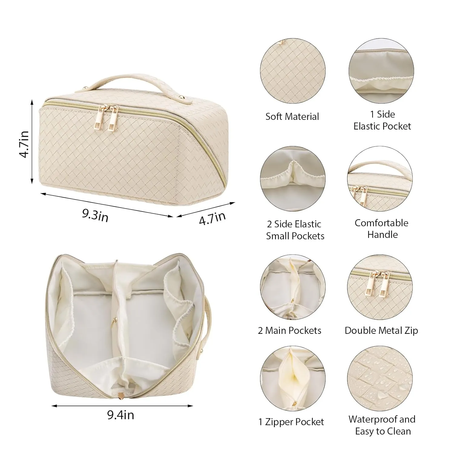 Large Capacity Travel Makeup Bag for Women, Waterproof Portable Cosmetic Bag with Compartments, Foldable Flat Lay Design for Easy Access, Perfect for Toiletries & Beauty Essentials (White)