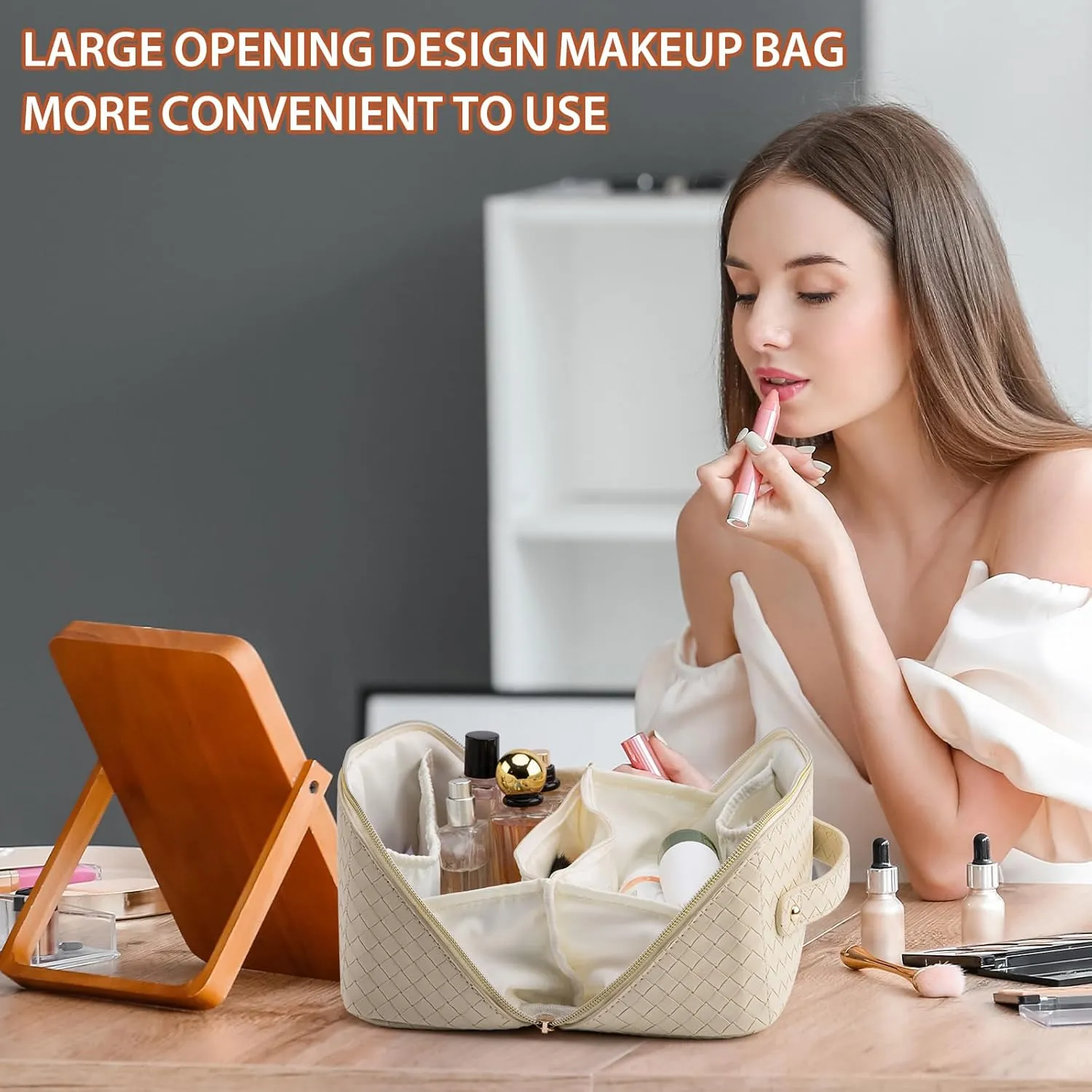 Large Capacity Travel Makeup Bag for Women, Waterproof Portable Cosmetic Bag with Compartments, Foldable Flat Lay Design for Easy Access, Perfect for Toiletries & Beauty Essentials (White)