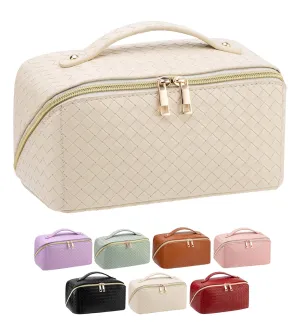 Large Capacity Travel Makeup Bag for Women, Waterproof Portable Cosmetic Bag with Compartments, Foldable Flat Lay Design for Easy Access, Perfect for Toiletries & Beauty Essentials (White)