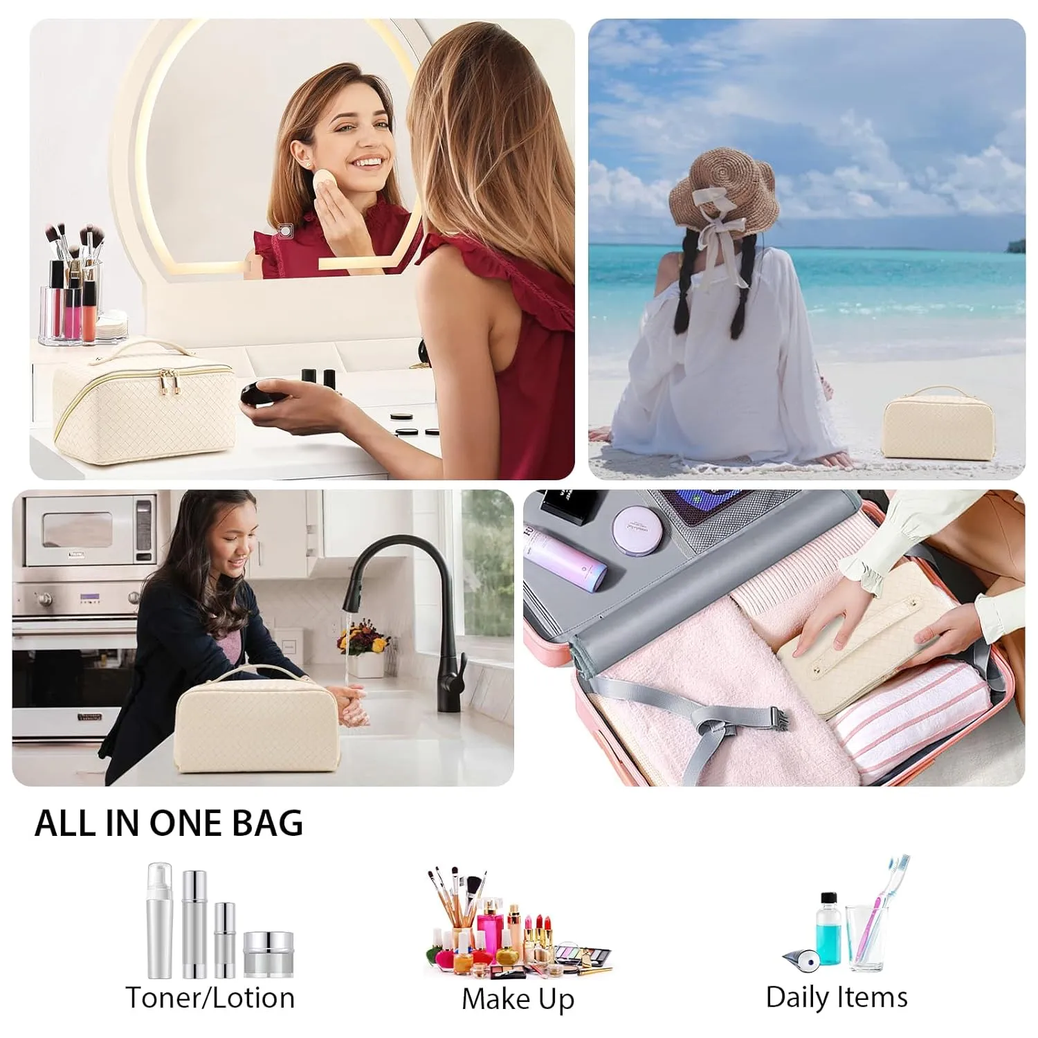 Large Capacity Travel Makeup Bag for Women, Waterproof Portable Cosmetic Bag with Compartments, Foldable Flat Lay Design for Easy Access, Perfect for Toiletries & Beauty Essentials (White)