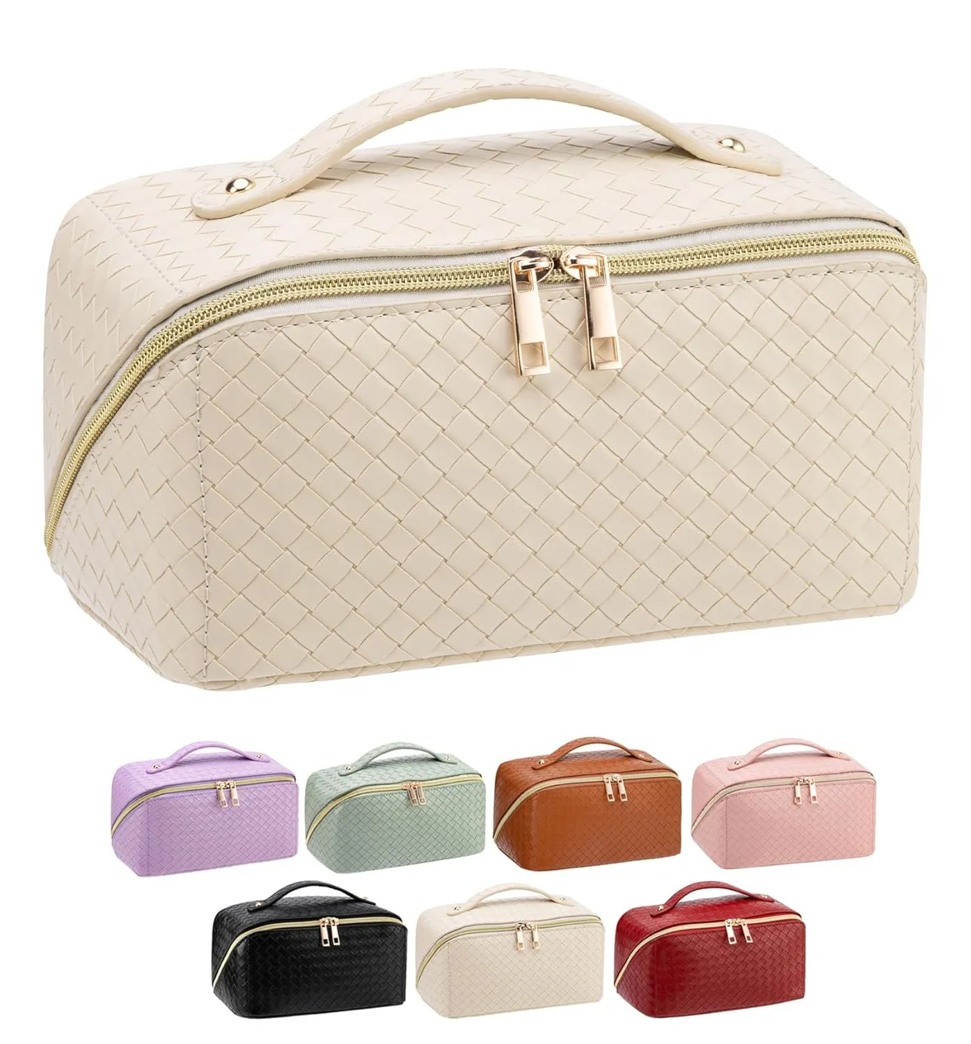 Large Capacity Travel Makeup Bag for Women, Waterproof Portable Cosmetic Bag with Compartments, Foldable Flat Lay Design for Easy Access, Perfect for Toiletries & Beauty Essentials (White)