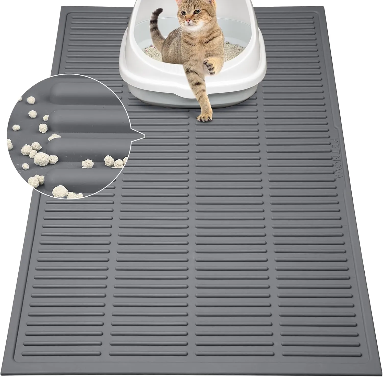 Large Silicone Litter Mat: 32" X 21" Groove Design Litter Trapping Mat Easy to Clean - Waterproof Urineproof Raised Edges for Floor - Non-Slip Backing for Floor (Grey)