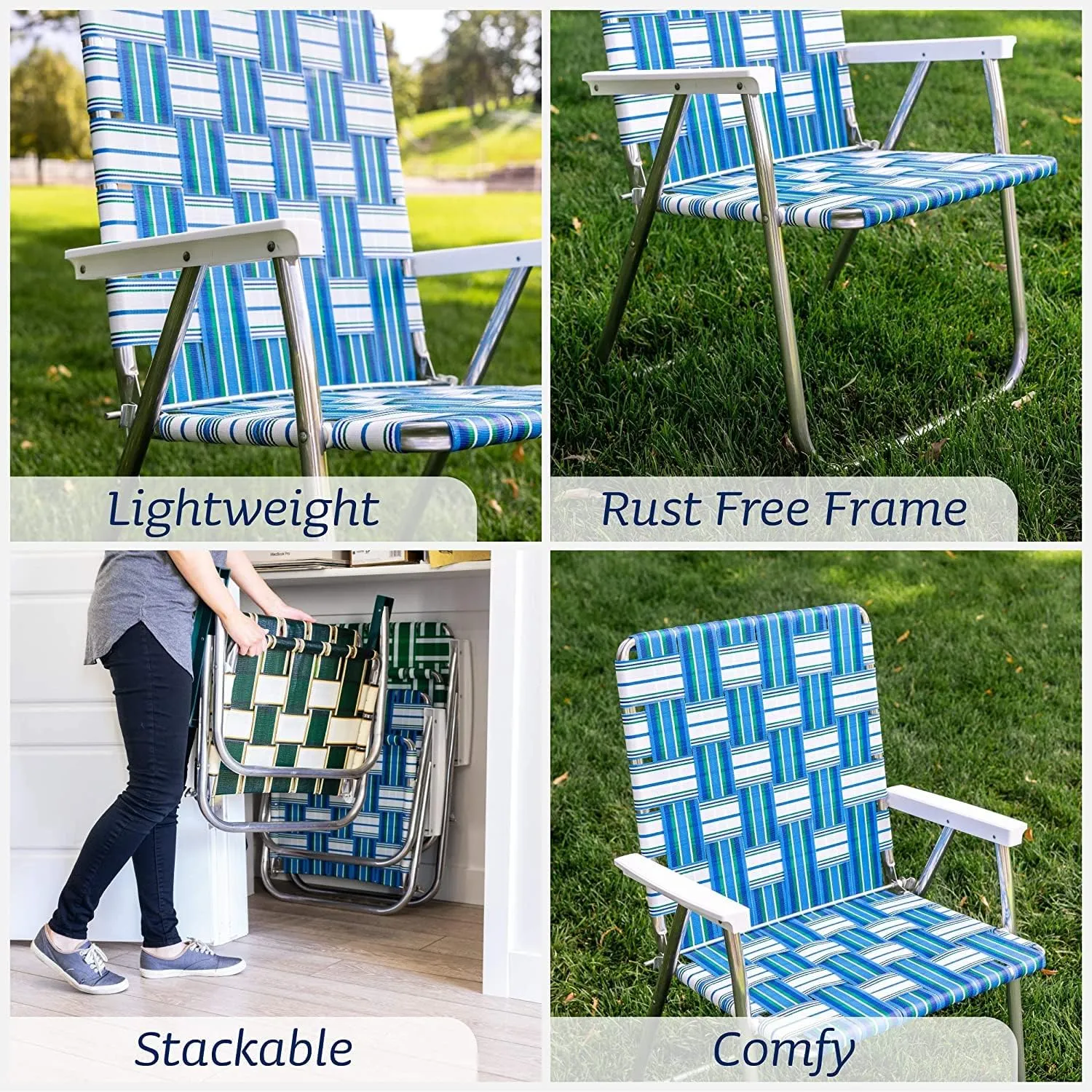 Lawn Chair USA - Outdoor Chairs for Camping. Made with Lightweight Aluminum Frames and UV-Resistant Webbing. Folds for Easy Storage 2- Pack (Charleston with Green Arms, Magnum)