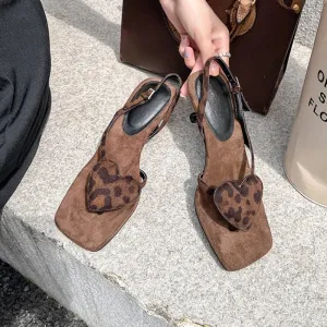 LBSFY  -  Love Clip Toe Slipper 5cm Slim Heel Leopard Print Suede Sandals Red Leather Square Open Toe Slipper 33-40 Beach Vacation Sandals