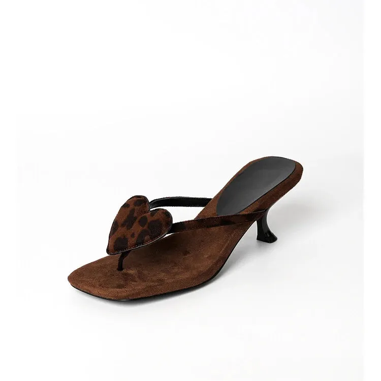 LBSFY  -  Love Clip Toe Slipper 5cm Slim Heel Leopard Print Suede Sandals Red Leather Square Open Toe Slipper 33-40 Beach Vacation Sandals