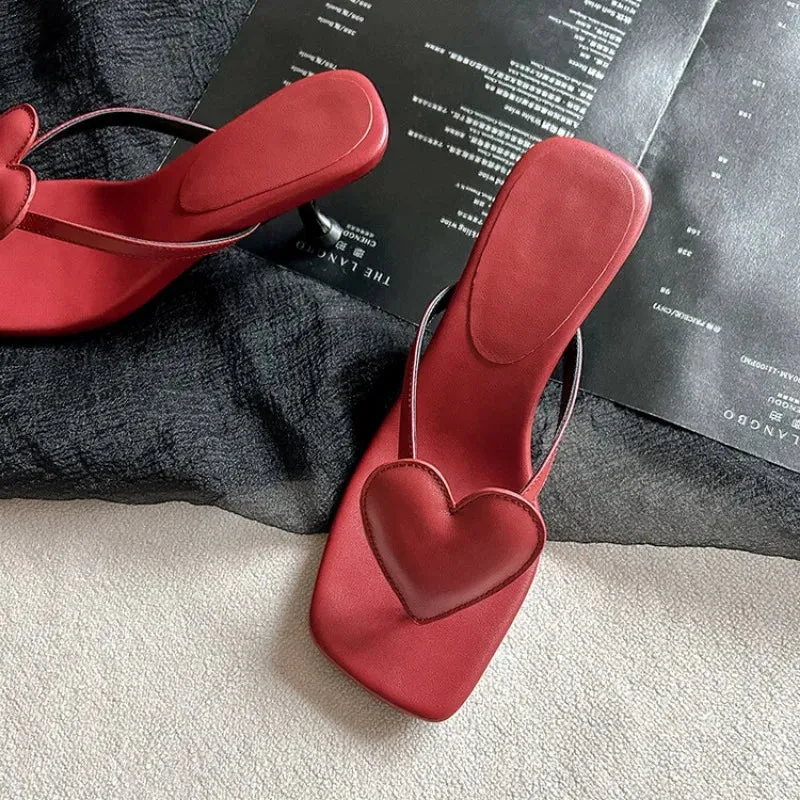 LBSFY  -  Love Clip Toe Slipper 5cm Slim Heel Leopard Print Suede Sandals Red Leather Square Open Toe Slipper 33-40 Beach Vacation Sandals