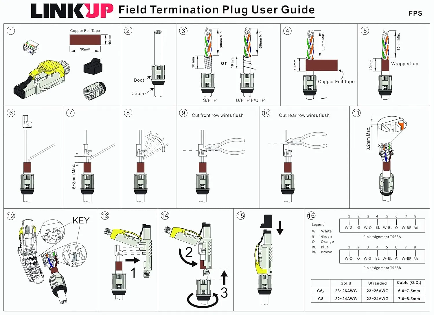 LINKUP - RJ45 Connectors Cat6A (12 Pack) Shielded Zinc-Alloy Housing Modular Termination Plug | 10G Easy Internet Tool Free Plugs | for Cat6A up to 22AWG Solid Bulk S/FTP Ethernet Cable [Blue]