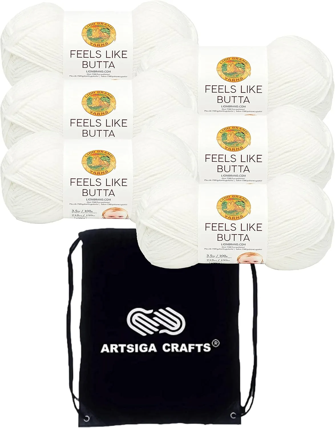 Lion Brand Feels Like Butta White 215-100 (6-Skeins - Same Dye Lot) Worsted Medium #4 Polyester Yarn for Crocheting and Knitting with Project Bag