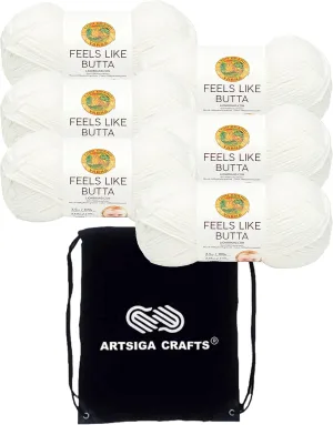 Lion Brand Feels Like Butta White 215-100 (6-Skeins - Same Dye Lot) Worsted Medium #4 Polyester Yarn for Crocheting and Knitting with Project Bag