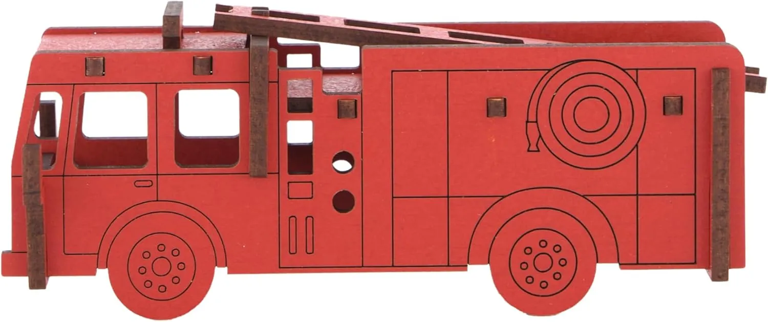 Little & Wood: Woodlet: Medium - Fire Engine - Red, 3D Wooden Kit-Set, Rescue Emergency Vehicle Puzzle, Easy Assembly Model, Pop Build Fun, Ages 6 