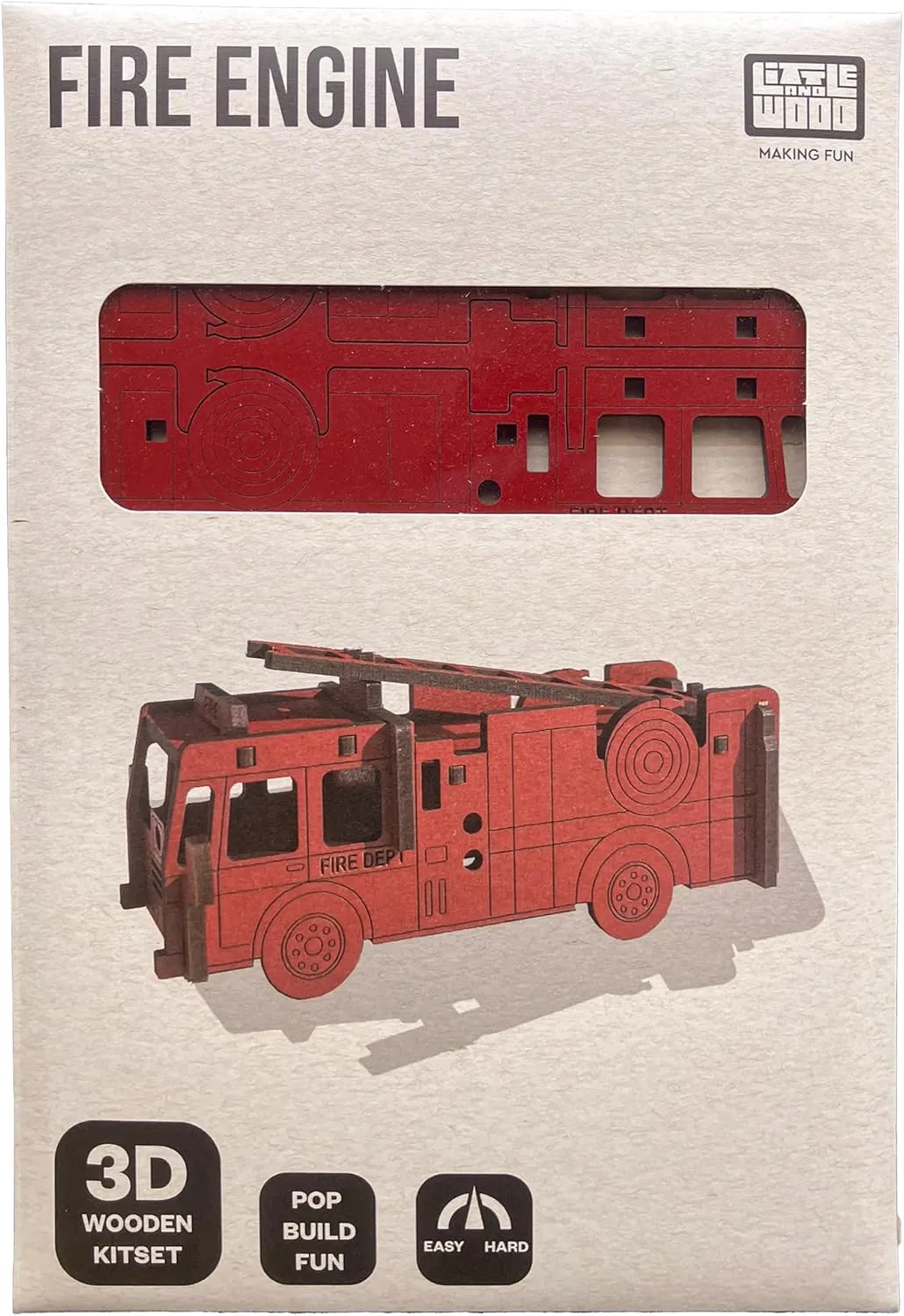 Little & Wood: Woodlet: Medium - Fire Engine - Red, 3D Wooden Kit-Set, Rescue Emergency Vehicle Puzzle, Easy Assembly Model, Pop Build Fun, Ages 6 