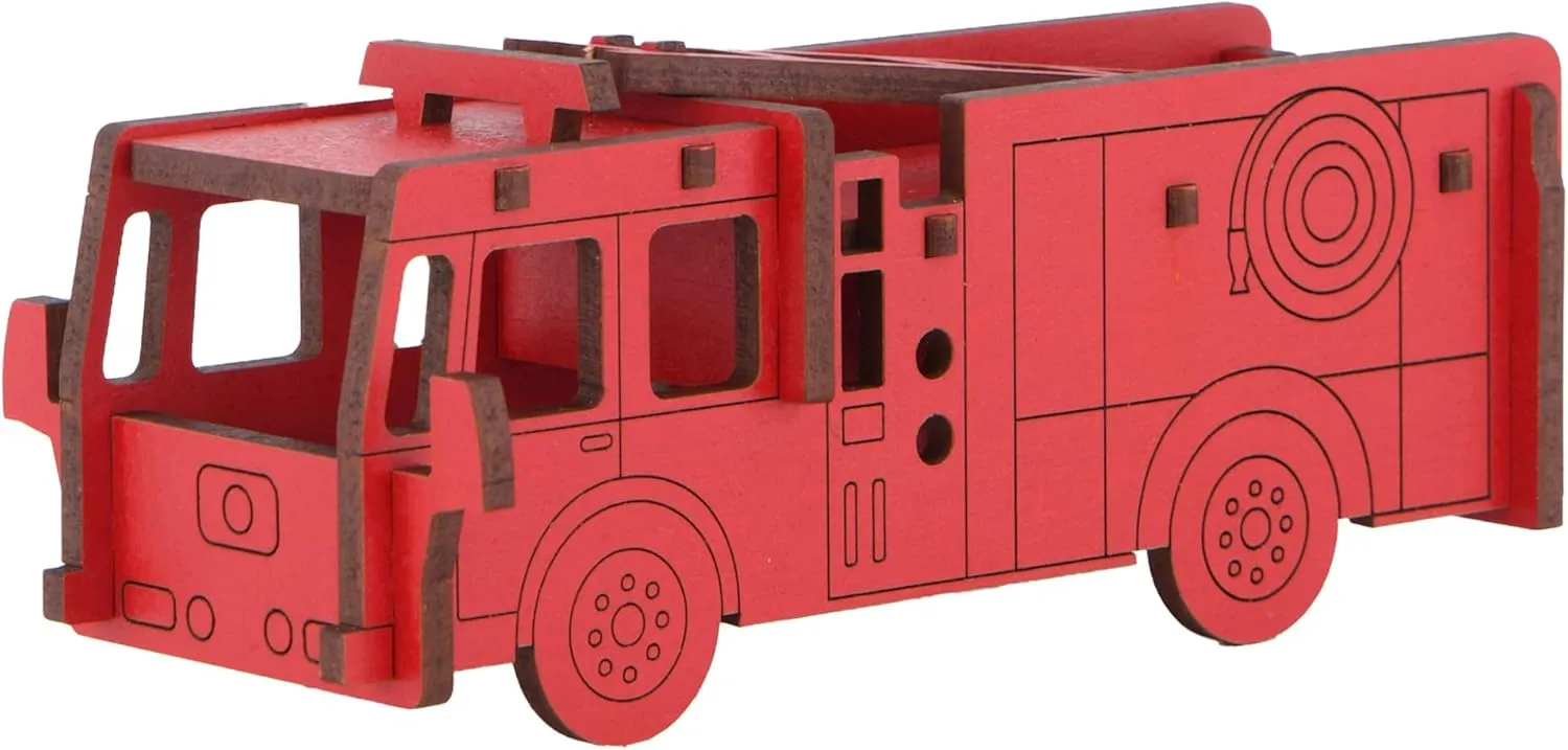 Little & Wood: Woodlet: Medium - Fire Engine - Red, 3D Wooden Kit-Set, Rescue Emergency Vehicle Puzzle, Easy Assembly Model, Pop Build Fun, Ages 6 
