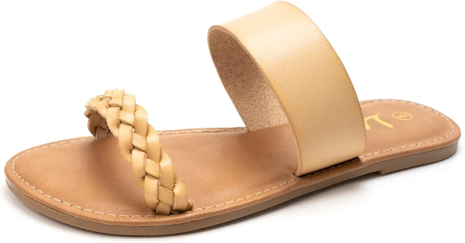 LM Women's Braided Slide Sandals Open Toe Two Band Slip On Flat Sandals Casual Summer Sandals