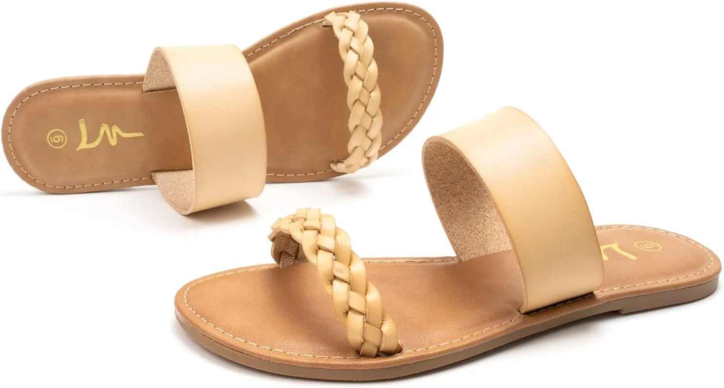 LM Women's Braided Slide Sandals Open Toe Two Band Slip On Flat Sandals Casual Summer Sandals