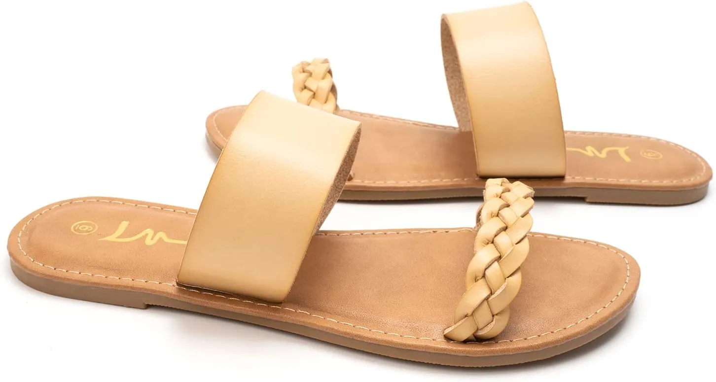 LM Women's Braided Slide Sandals Open Toe Two Band Slip On Flat Sandals Casual Summer Sandals