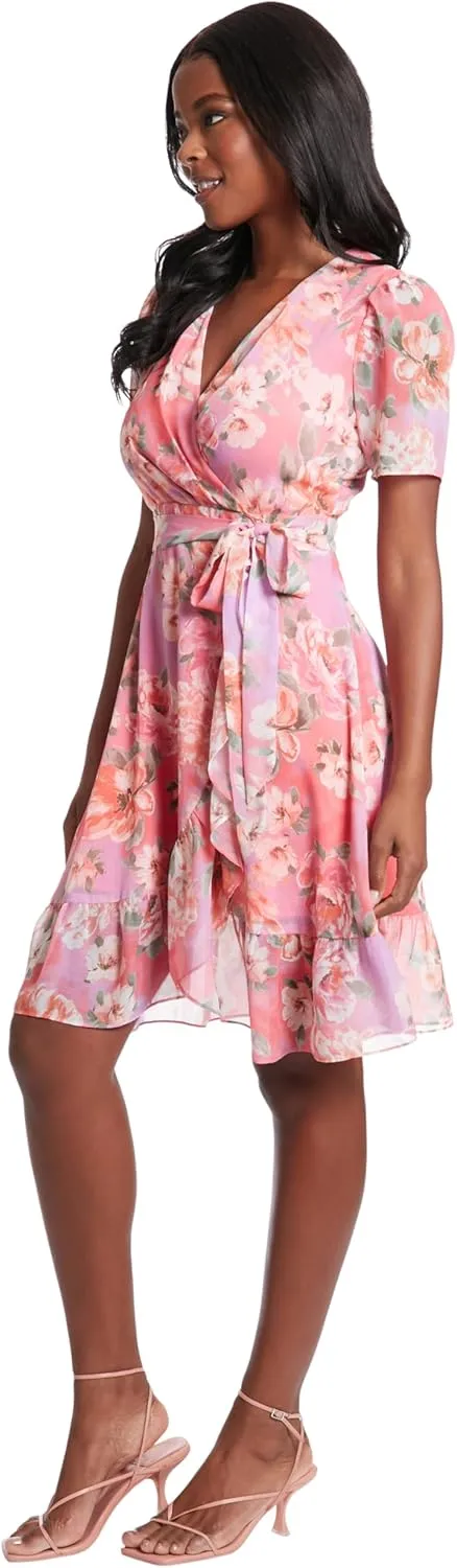 London Times Women's Faux Wrap Dress with Ruffle Skirt Occasion Shower Office Career