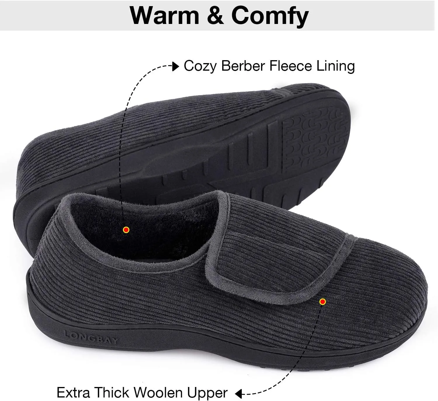 LongBay Men's Memory Foam Diabetic Slippers Comfy Warm Plush Fleece Arthritis Edema Swollen House Shoes