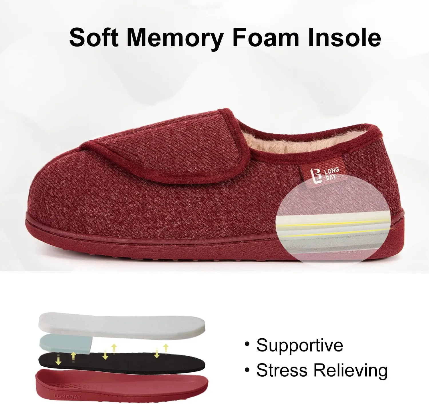 LongBay Womens Adjustable Slippers Memory Foam Cozy Wide Diabetic House Shoes Edema Orthopedic Neuropathy Indoor Outdoor
