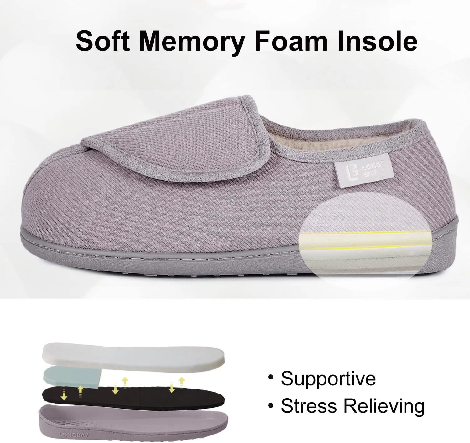 LongBay Womens Adjustable Slippers Memory Foam Cozy Wide Diabetic House Shoes Edema Orthopedic Neuropathy Indoor Outdoor