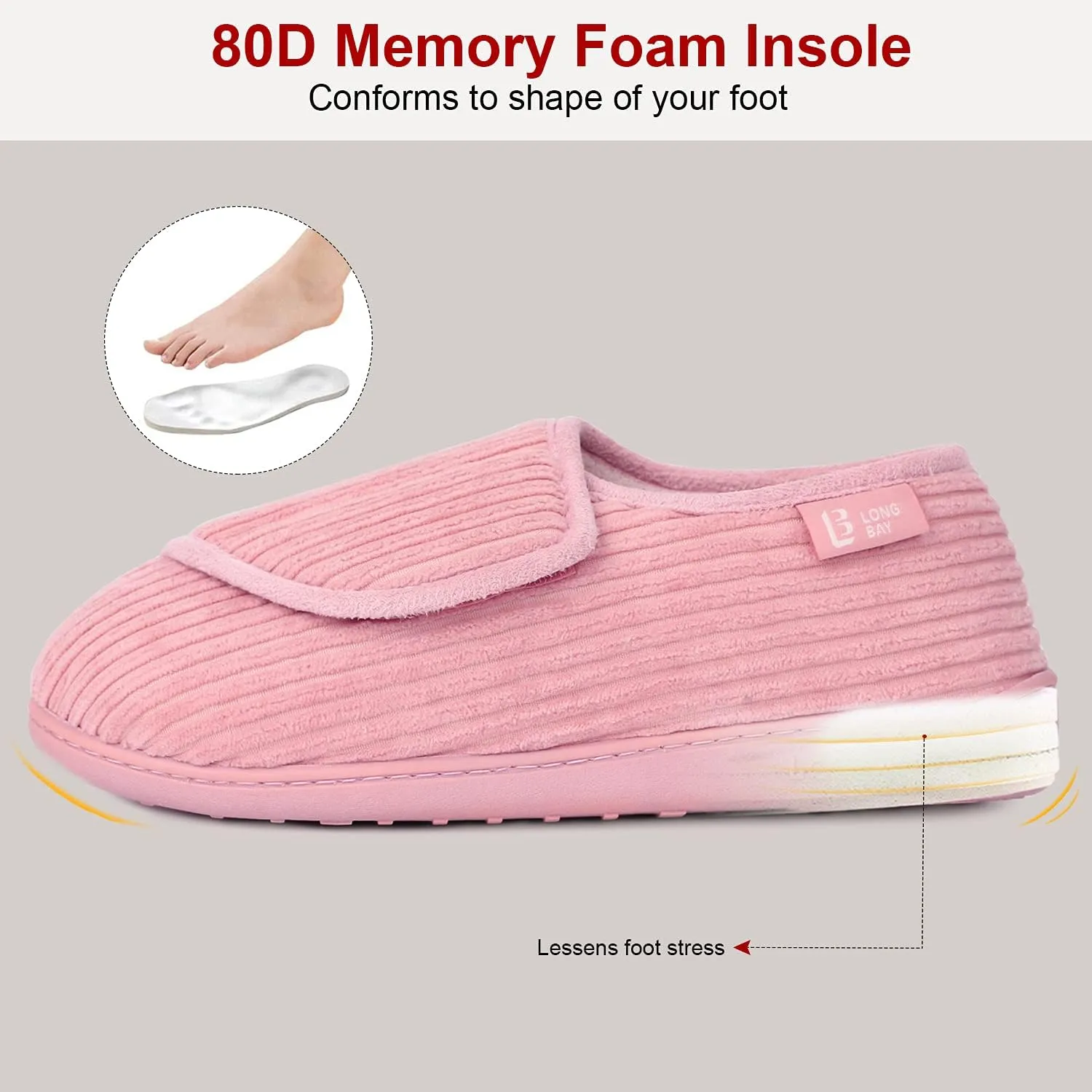 LongBay Womens Adjustable Slippers Memory Foam Cozy Wide Diabetic House Shoes Edema Orthopedic Neuropathy Indoor Outdoor