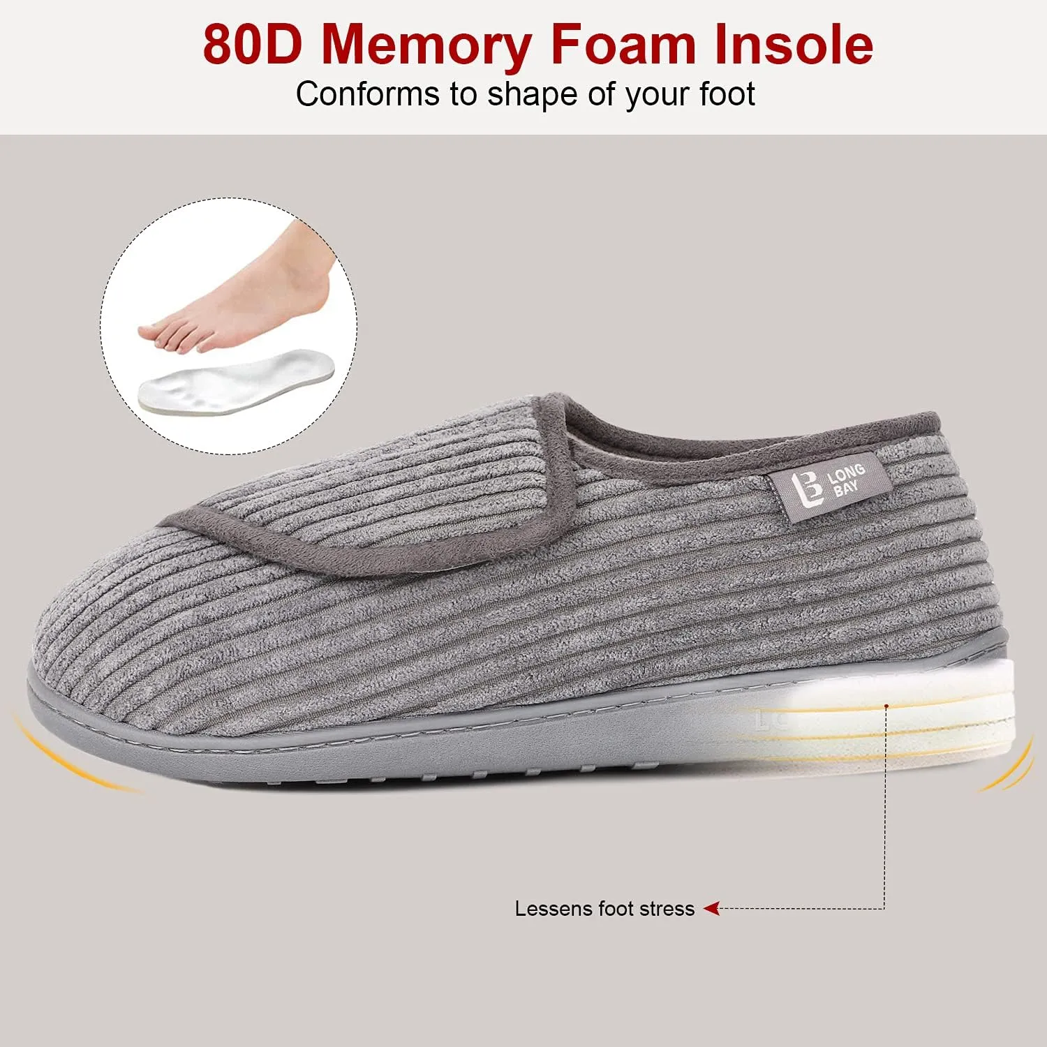 LongBay Womens Adjustable Slippers Memory Foam Cozy Wide Diabetic House Shoes Edema Orthopedic Neuropathy Indoor Outdoor