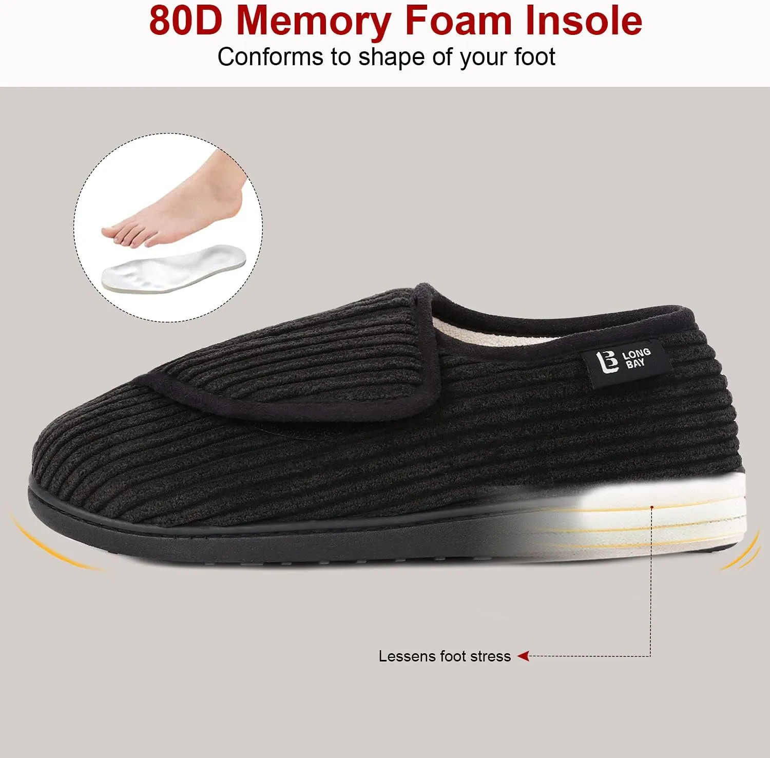 LongBay Womens Adjustable Slippers Memory Foam Cozy Wide Diabetic House Shoes Edema Orthopedic Neuropathy Indoor Outdoor