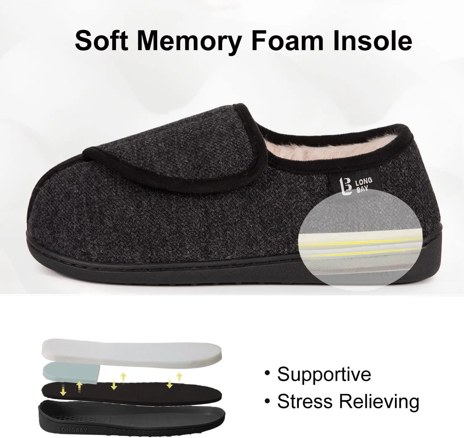 LongBay Womens Adjustable Slippers Memory Foam Cozy Wide Diabetic House Shoes Edema Orthopedic Neuropathy Indoor Outdoor