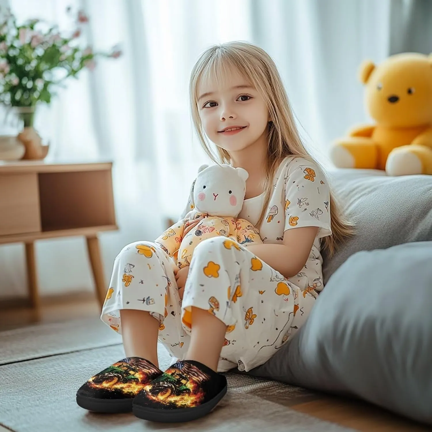 Lotusorchid Kids House Slipper for Boys Girls, Cozy Warm Boys Sleep Slippers with Rubber Sole, Closed Toe Slip On Bedroom Slippers