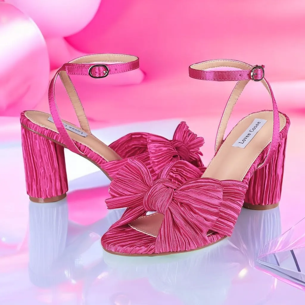 Lovee Cosee Women's Bow Knot Heeled Sandals Pleated Open Toe Ankle Strap Chunky Heels for Bride Wedding
