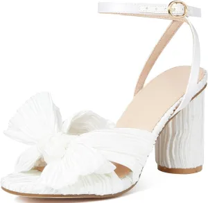 Lovee Cosee Women's Bow Knot Heeled Sandals Pleated Open Toe Ankle Strap Chunky Heels for Bride Wedding