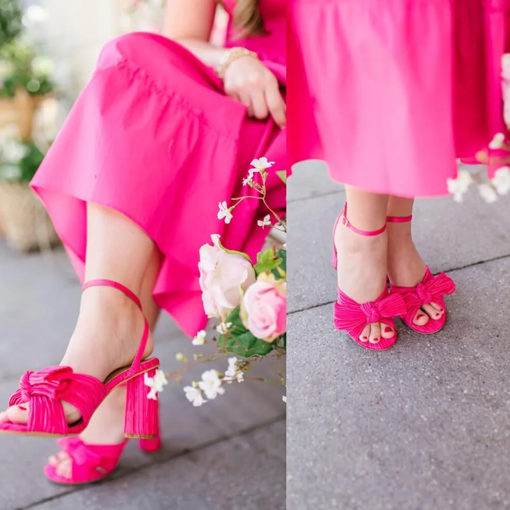 Lovee Cosee Women's Bow Knot Heeled Sandals Pleated Open Toe Ankle Strap Chunky Heels for Bride Wedding