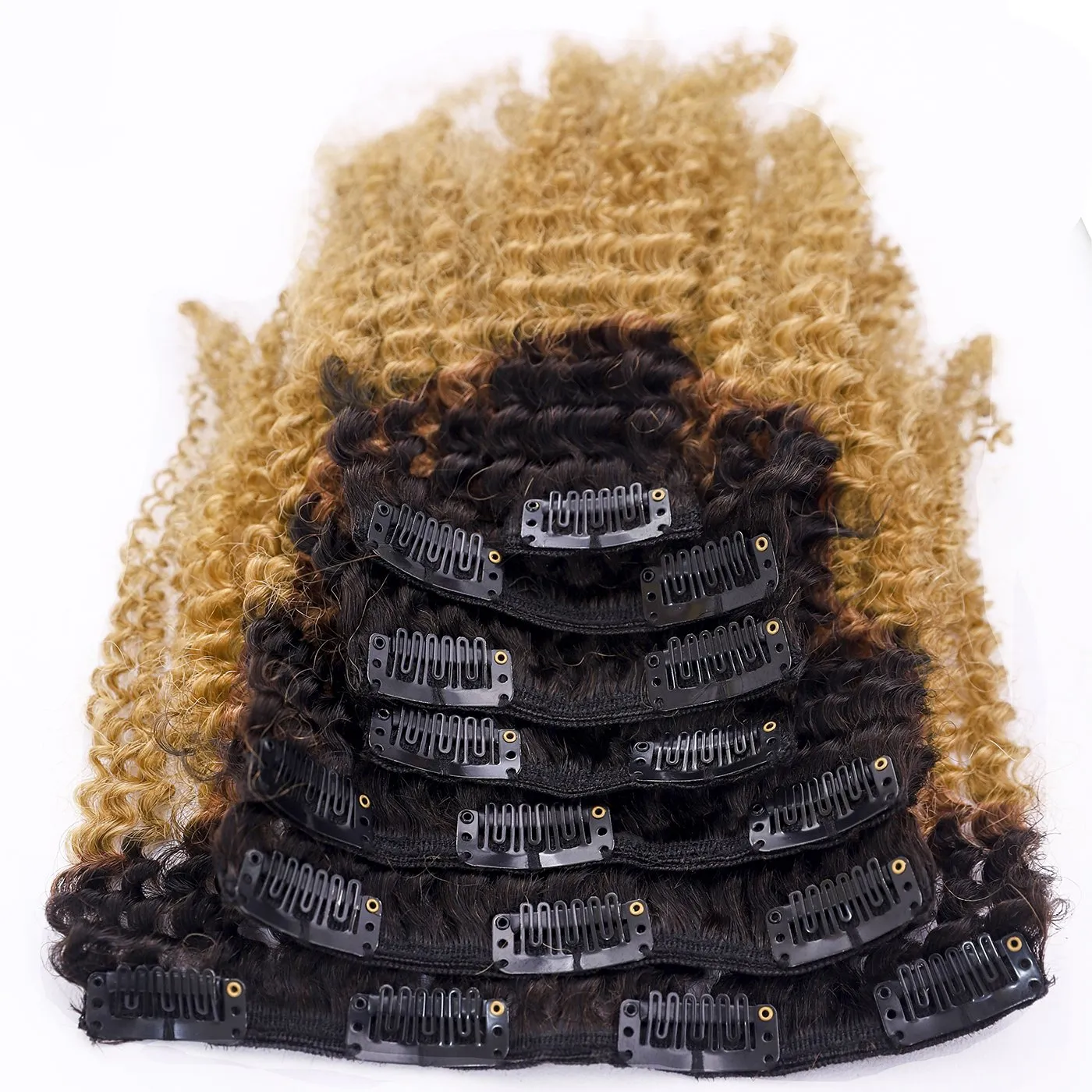 Loxxy Afro Curly Clip in Extensions Thick 100% Virgin Remy Human Hair 4B 4C Natural Black 7 Pieces with 17 Clips 120g per Set (14Inch, AC Ombre #1B/27)