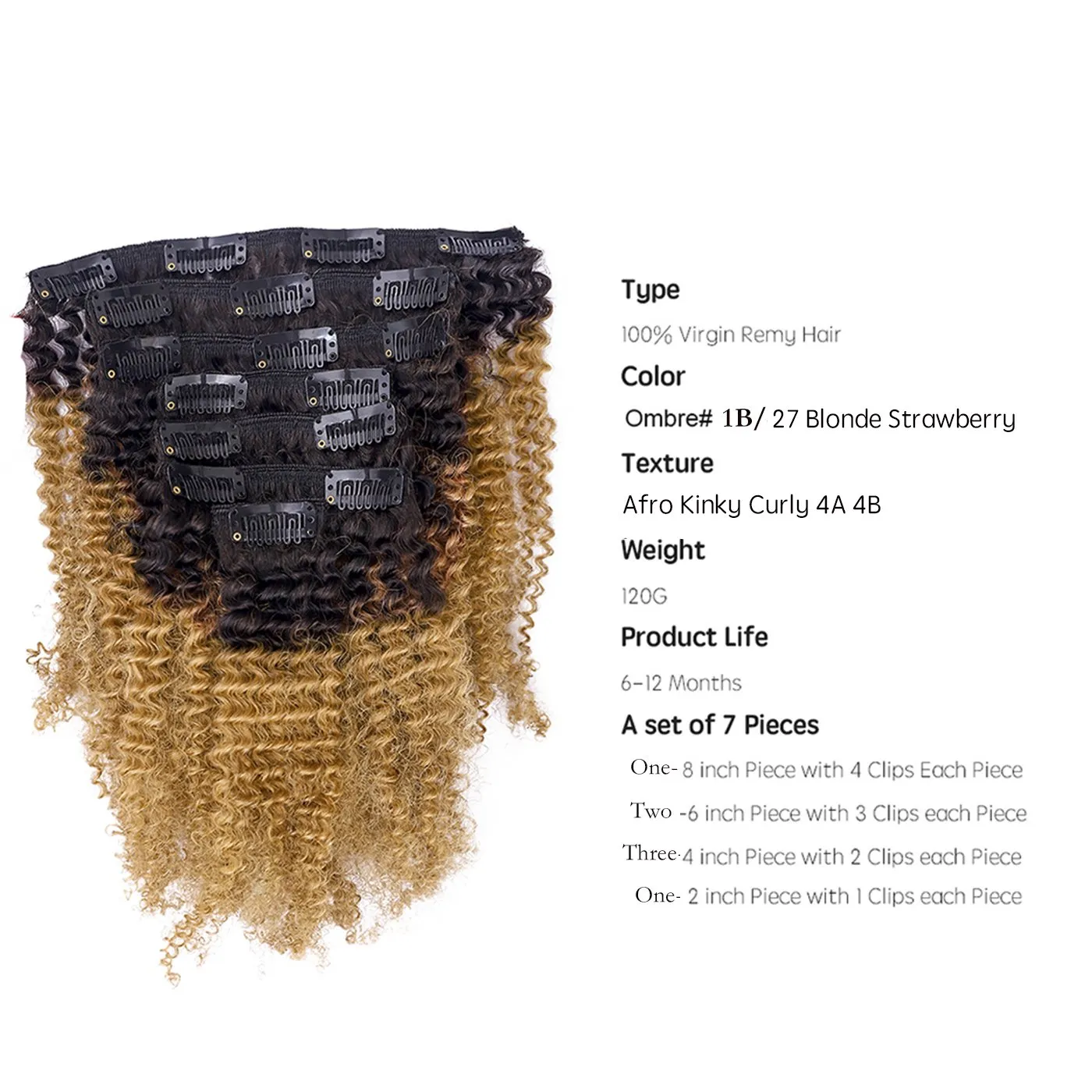 Loxxy Afro Curly Clip in Extensions Thick 100% Virgin Remy Human Hair 4B 4C Natural Black 7 Pieces with 17 Clips 120g per Set (14Inch, AC Ombre #1B/27)