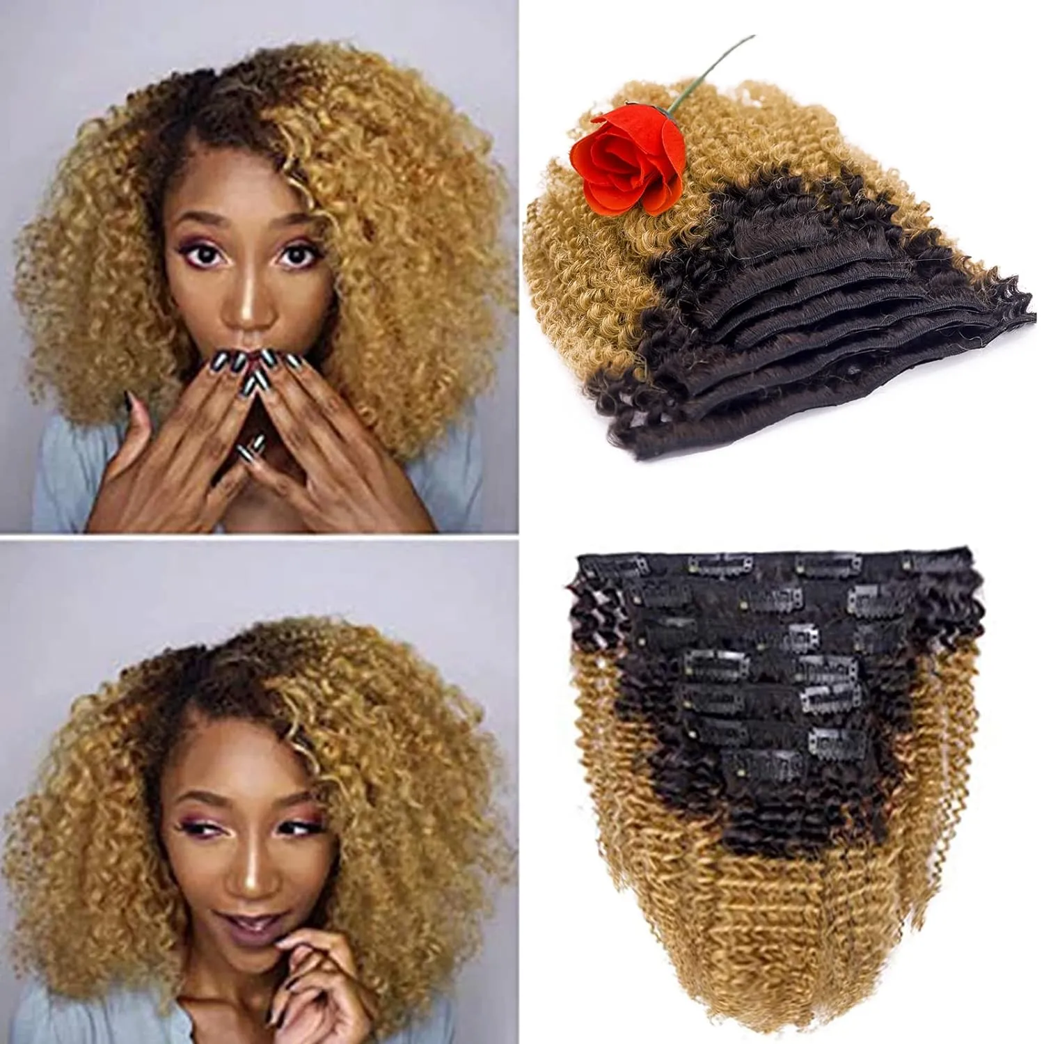 Loxxy Afro Curly Clip in Extensions Thick 100% Virgin Remy Human Hair 4B 4C Natural Black 7 Pieces with 17 Clips 120g per Set (14Inch, AC Ombre #1B/27)